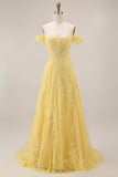 A-Line Off the Shoulder Yellow Lace Corset Appliqued Long Prom Dress