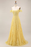 A-Line Off the Shoulder Yellow Lace Corset Appliqued Long Prom Dress