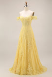 Off the Shoulder Yellow Lace A-Line Corset Appliqued Long Prom Dress