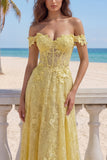 Off the Shoulder Yellow Lace A-Line Corset Appliqued Long Prom Dress