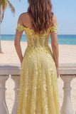 Off the Shoulder Yellow Lace A-Line Corset Appliqued Long Prom Dress