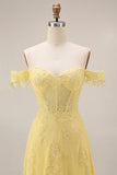 Off the Shoulder Yellow Lace A-Line Corset Appliqued Long Prom Dress