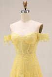 A-Line Off the Shoulder Yellow Lace Corset Appliqued Long Prom Dress