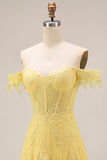 Off the Shoulder Yellow Lace A-Line Corset Appliqued Long Prom Dress