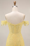 Off the Shoulder Yellow Lace A-Line Corset Appliqued Long Prom Dress