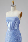 Satin Mermaid Blue Strapless Pearl Embellished Corset Long Prom Dress with Beading