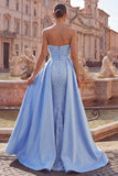 Blue Satin Mermaid Sweetheart Ruched Pearl Embellished Long Prom Dress with Beading