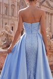 Blue Satin Mermaid Sweetheart Ruched Pearl Embellished Long Prom Dress with Beading
