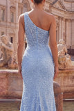 Pearl Embellished Mermaid One Shoulder Beaded Blue Long Prom Dress with Slit