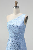 Sparkly Blue One Shoulder Mermaid Sequins Long Prom Dress with Slit