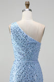 Sparkly Blue One Shoulder Mermaid Sequins Long Prom Dress with Slit