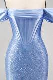 Mermaid Blue Off the Shoulder Pearl Embellished Corset Beaded Long Prom Dress with Slit