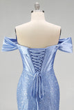 Mermaid Blue Off the Shoulder Pearl Embellished Corset Beaded Long Prom Dress with Slit