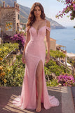 Pink Mermaid Sequins Cold Shoulder Beaded Long Prom Dress with Slit