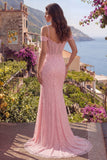 Pink Mermaid Sequins Cold Shoulder Beaded Long Prom Dress with Slit