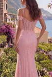 Pink Mermaid Sequins Cold Shoulder Beaded Long Prom Dress with Slit