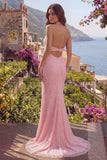 Sparkly Pink Mermaid Halter Neck Backless Sequins Long Prom Dress with Slit
