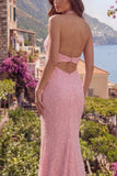 Sparkly Pink Mermaid Halter Neck Backless Sequins Long Prom Dress with Slit