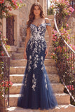 Navy Mermaid Cold Shoulder Tulle Floral Long Prom Dress with Appliques