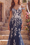 Navy Mermaid Cold Shoulder Tulle Floral Long Prom Dress with Appliques
