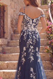 Navy Mermaid Cold Shoulder Tulle Floral Long Prom Dress with Appliques