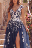 Tulle Navy A-Line V-Neck Floral Long Prom Dress with Slit
