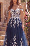 Navy Off the Shoulder A-Line Tulle Floral Long Prom Dress