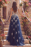 One Shoulder A-Line Tulle Corset Navy Floral Long Prom Dress with Appliques
