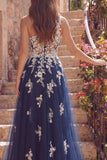 One Shoulder A-Line Tulle Corset Navy Floral Long Prom Dress with Appliques