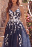 Navy A-Line Spaghetti Straps Floral Midi Dress with Slit
