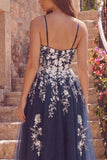 Navy A-Line Spaghetti Straps Floral Midi Dress with Slit