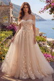 Champagne A-Line Off the Shoulder Corset Long Prom Dress with Appliques