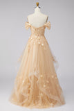 Champagne A-Line Off the Shoulder Floral Corset Long Prom Dress with Ruffles