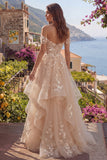 Champagne A-Line Off the Shoulder Floral Corset Long Prom Dress with Ruffles