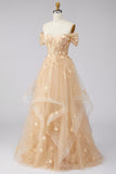 Champagne A-Line Off the Shoulder Floral Corset Long Prom Dress with Ruffles