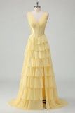 Butter Yellow Chiffon A-Line V-Neck Corset Tiered Ruched Maxi Dress with Slit
