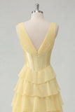 Butter Yellow Chiffon A-Line V-Neck Corset Tiered Ruched Maxi Dress with Slit