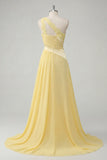 A-Line Chiffon Butter Yellow One Shoulder Ruched Maxi Dress with Slit