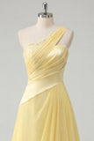 A-Line Chiffon Butter Yellow One Shoulder Ruched Maxi Dress with Slit