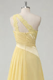 A-Line Chiffon Butter Yellow One Shoulder Ruched Maxi Dress with Slit