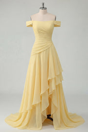 Off the Shoulder Chiffon Butter Yellow A-Line Ruched Maxi Dress with Slit
