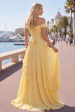 Off the Shoulder Chiffon Butter Yellow A-Line Ruched Maxi Dress with Slit