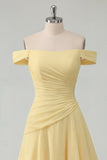 Off the Shoulder Chiffon Butter Yellow A-Line Ruched Maxi Dress with Slit