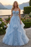 Blue A-Line Sweetheart Corset Appliqued Long Prom Dress with Beading