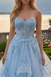Blue A-Line Sweetheart Corset Appliqued Long Prom Dress with Beading