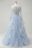 Blue A-Line Beaded Long Sleeves Corset Prom Dress with Appliqued 3D Flowers