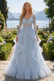 Blue A-Line Beaded Long Sleeves Corset Prom Dress with Appliqued 3D Flowers
