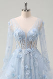 Blue A-Line Beaded Long Sleeves Corset Prom Dress with Appliqued 3D Flowers