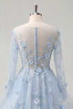 Blue A-Line Beaded Long Sleeves Corset Prom Dress with Appliqued 3D Flowers