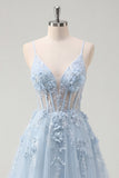 A-Line Blue Spaghetti Straps Beaded Sheer Corset Long Prom Dress with Appliques